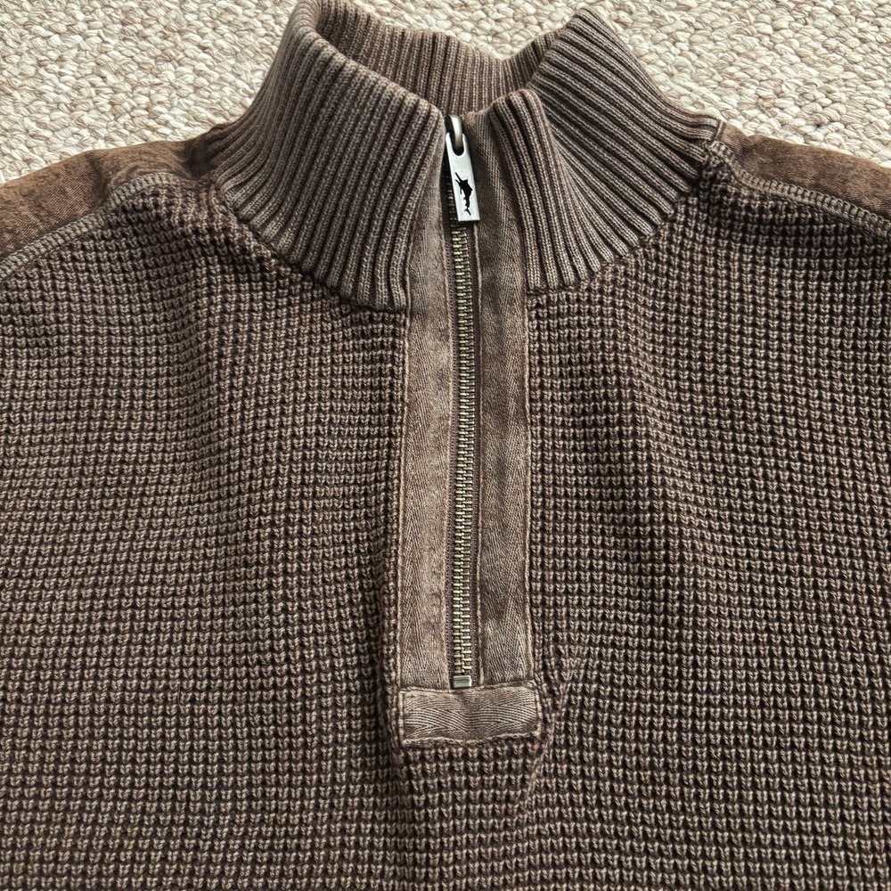 Tommy Bahama Mens Brown Waffle Knit Quarter Zip Sweater Suede Shoulders Large - Picture 6 of 8